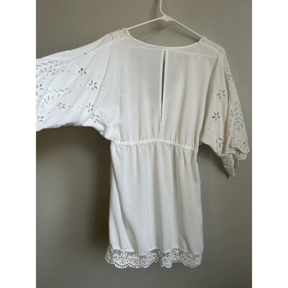 White Eyelet Coverup Mini Dress Swim Cotton Embroidered Lined Boho Beach Bride M - Picture 11 of 13